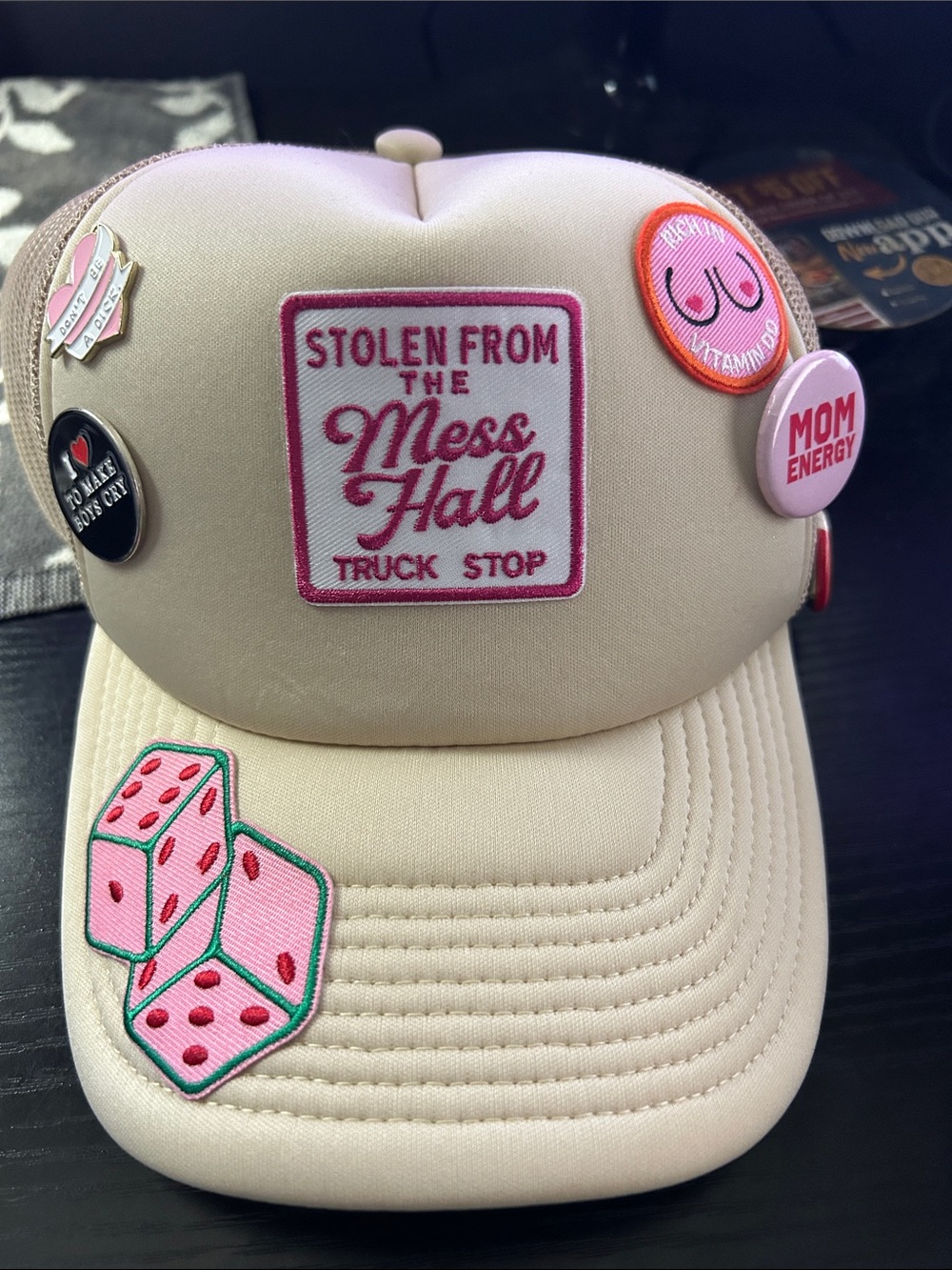 Beige Trucker Hat with Pink Patches and Pins Mess Hall new without tags
